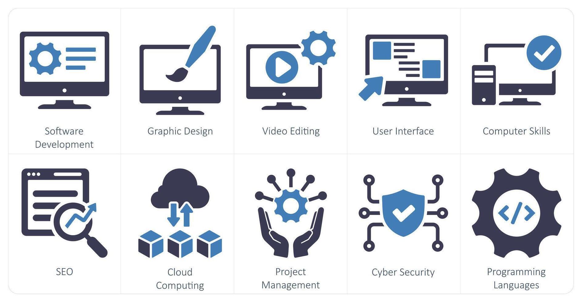 A set of 10 hard skills icons as software development, graphic design, editing vector