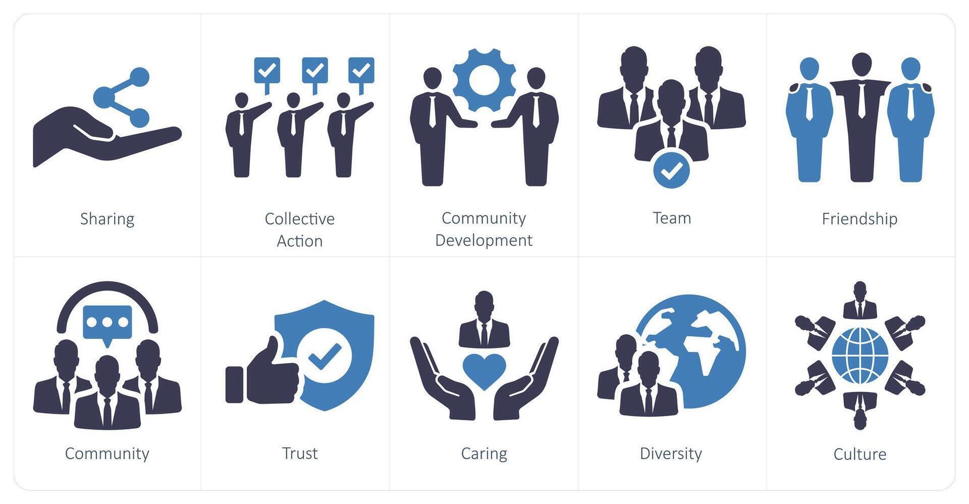 A set of 10 community icons as sharing, collective action, community development vector