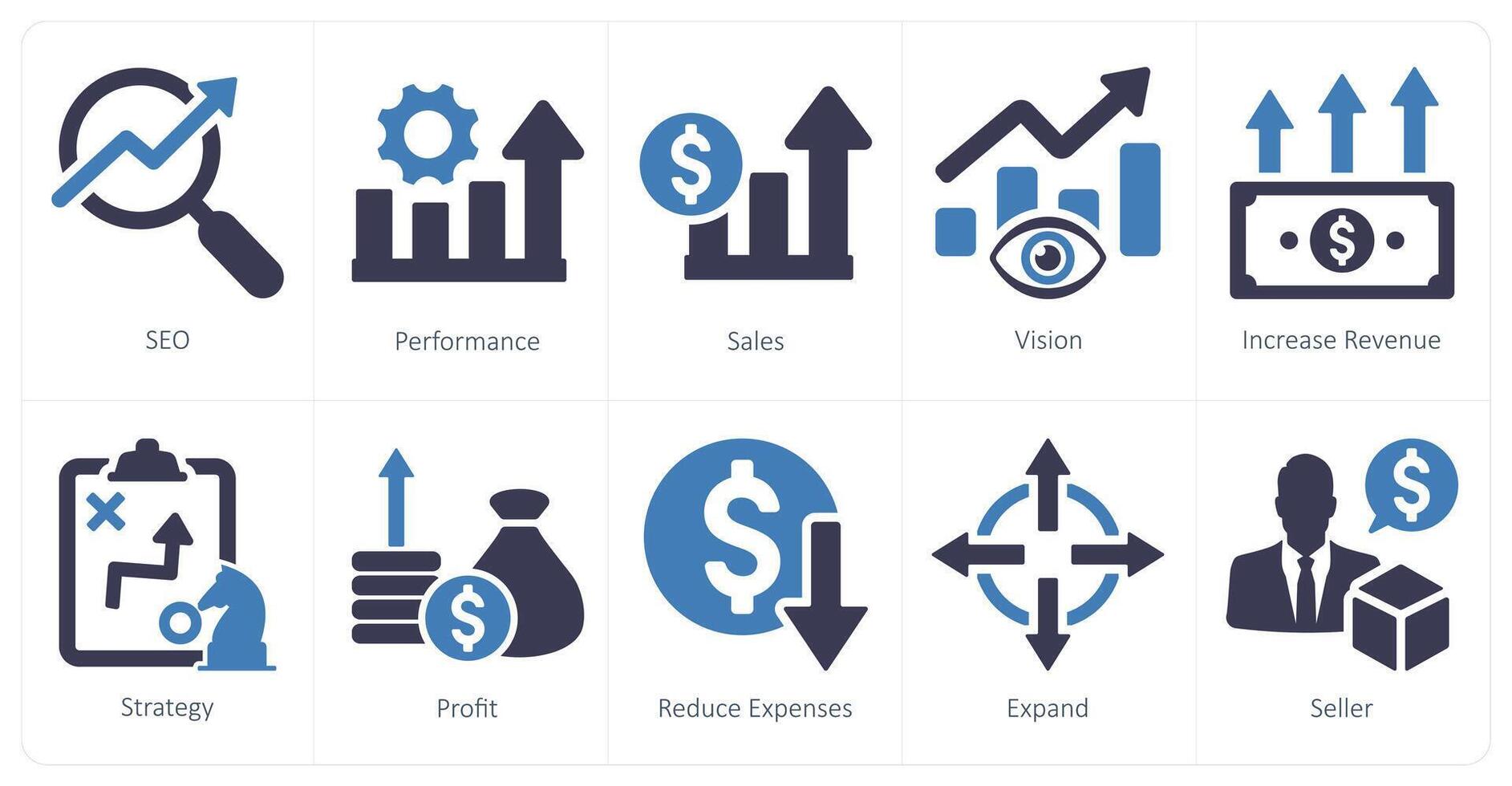 un conjunto de 10 incrementar rebaja íconos como SEO, actuación, ventas vector