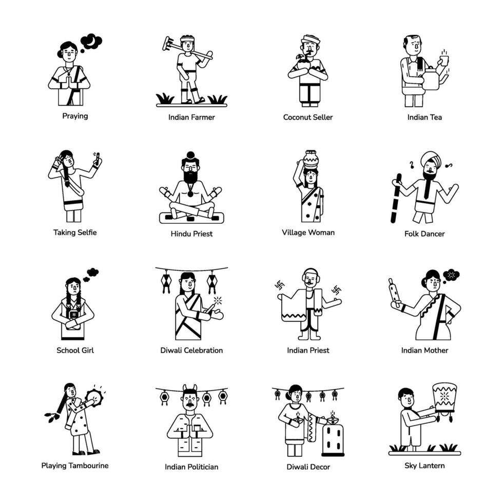 Collection of 16 Indian People Glyph Character Icons vector