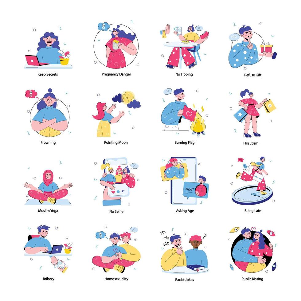 Collection of Taboo Culture Doodle Mini Illustrations vector