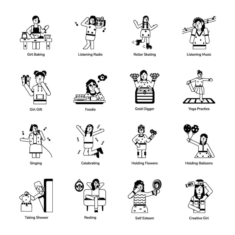 Collection of Girl Hobbies Glyph Icons vector