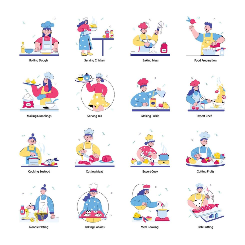 Collection of Professional Chefs Doodle Mini Illustrations vector