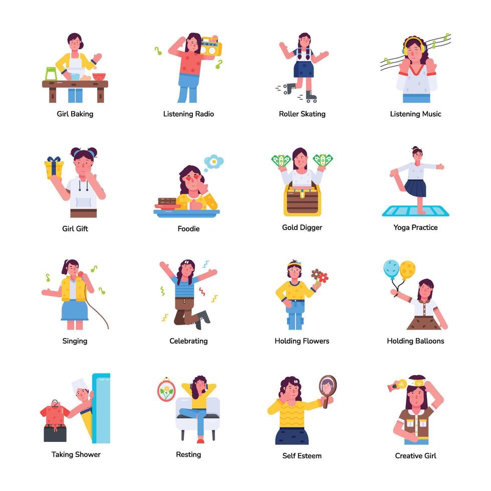 Collection of Girl Hobbies Flat Icons vector