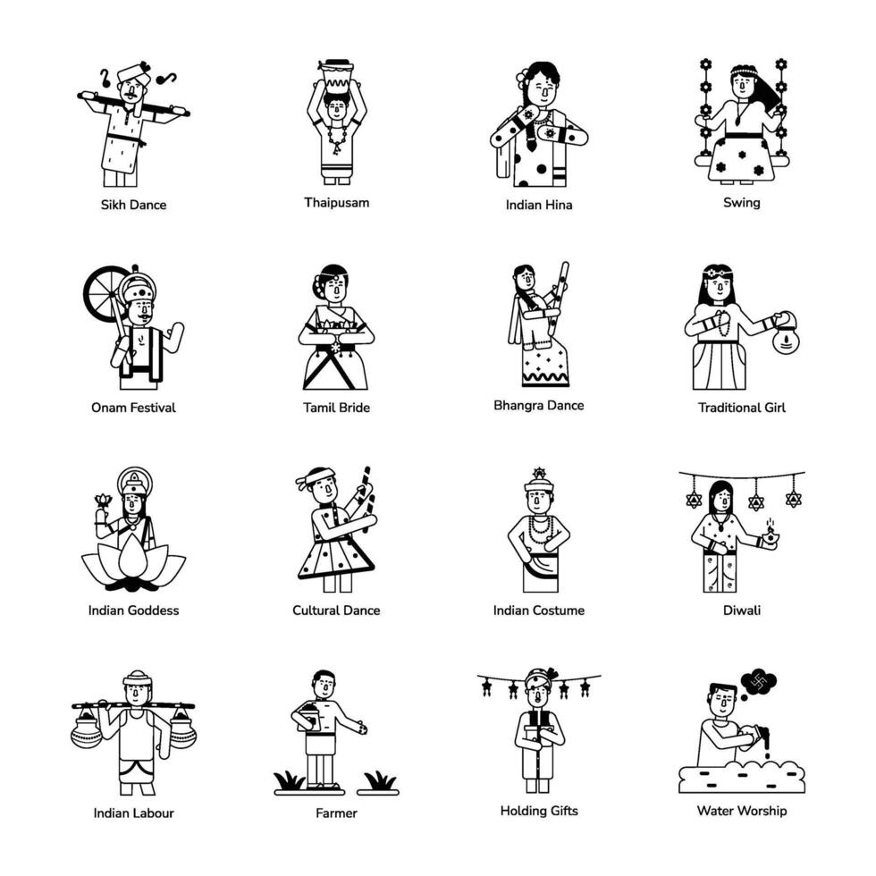 Set of Indian Traditions Glyph Character Icons vector