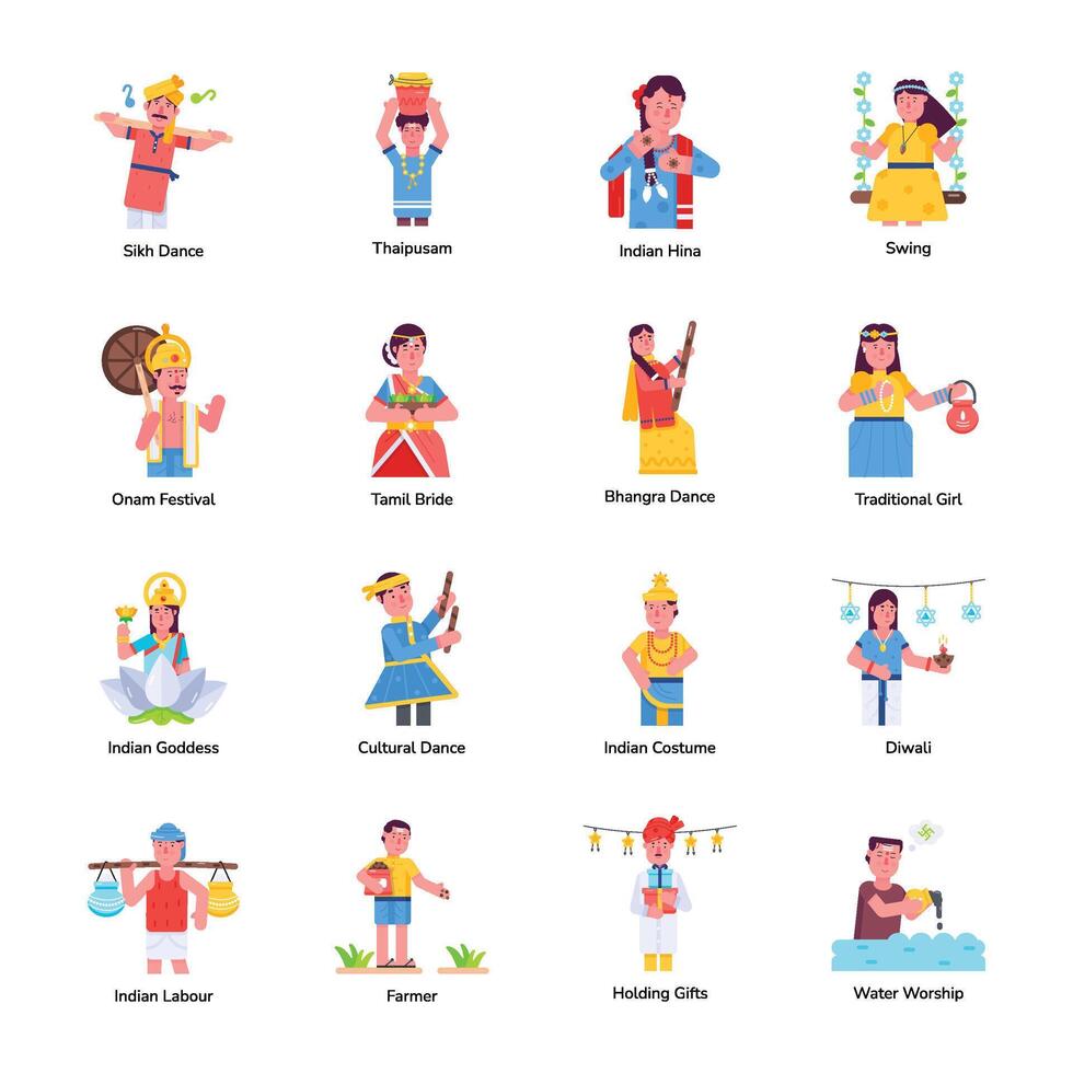 Set of Indian Traditions Flat Character Icons vector