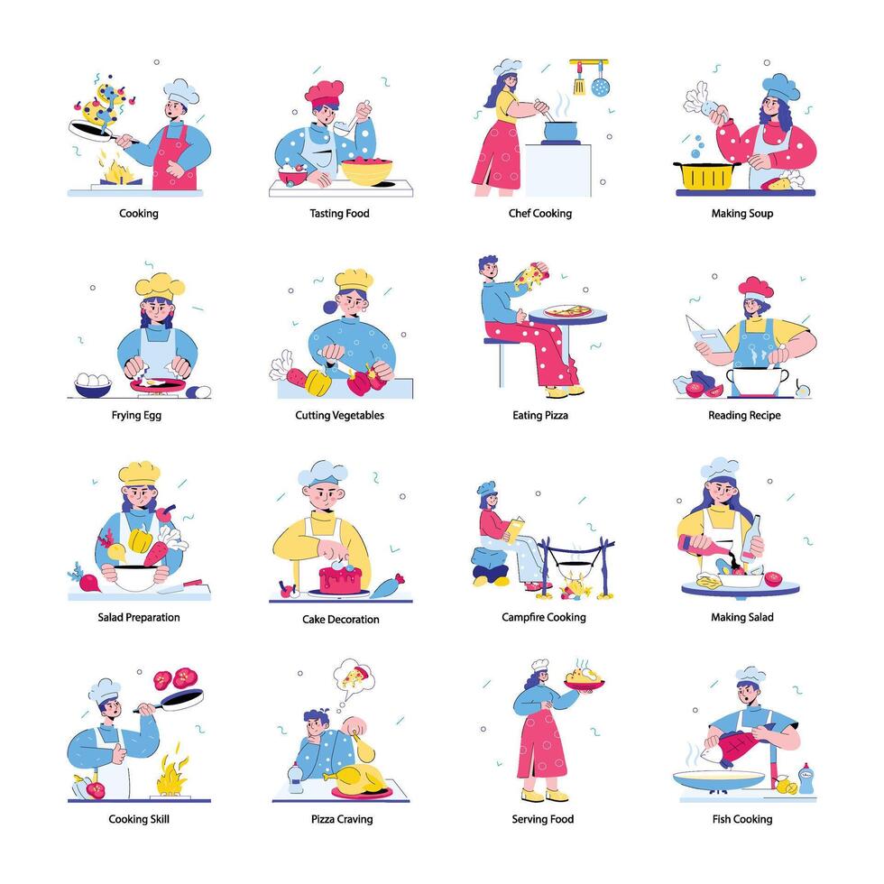 Set of 16 Cooking Doodle Mini Illustrations vector