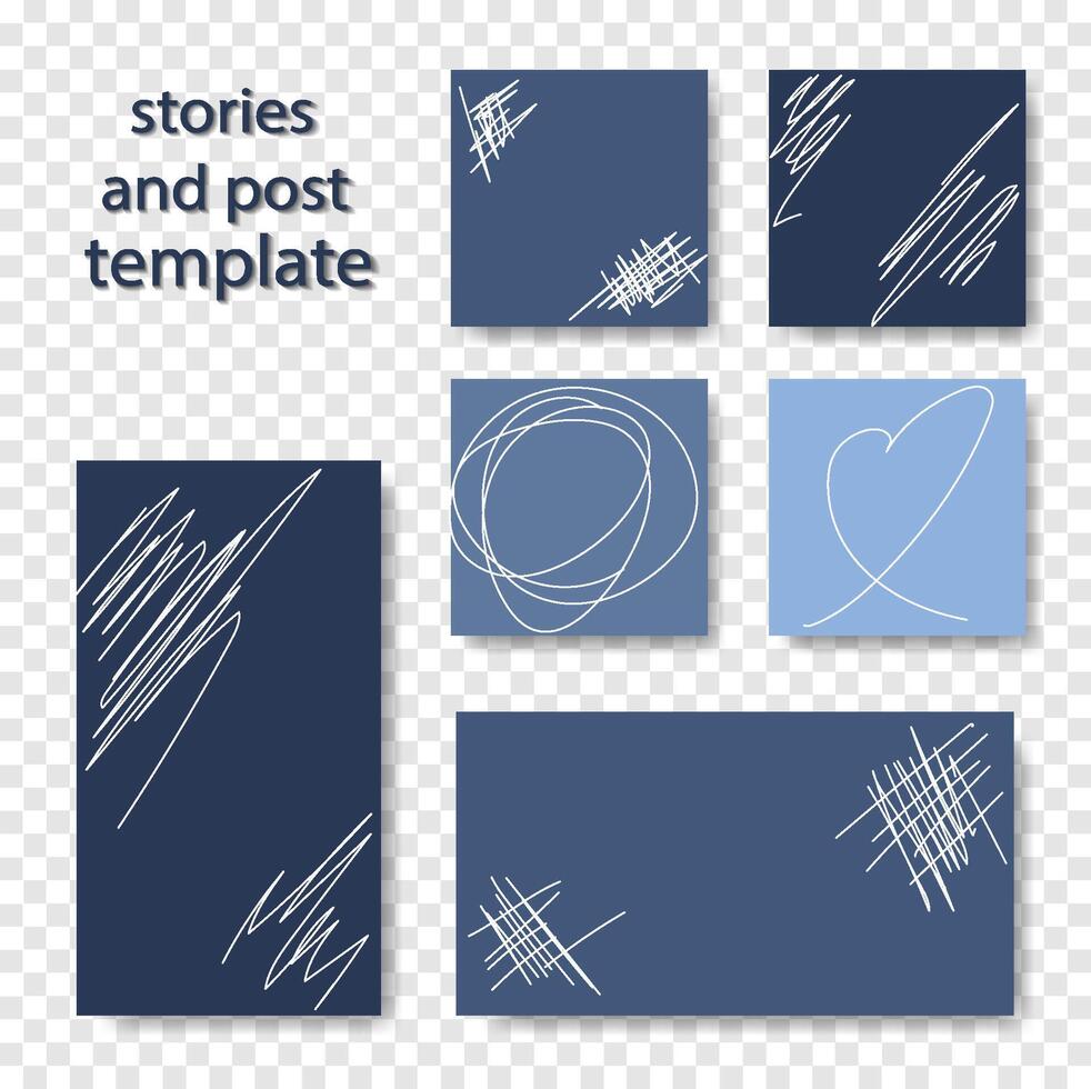 A set of modern blue social media story and post templates with abstract white line art and scribbles, ideal for trendy online content vector