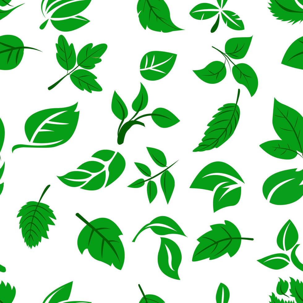 un sin costura modelo presentando un formación de verde hojas en varios formas y tamaños dispersado a través de un blanco fondo, ideal para tela o fondo de pantalla vector