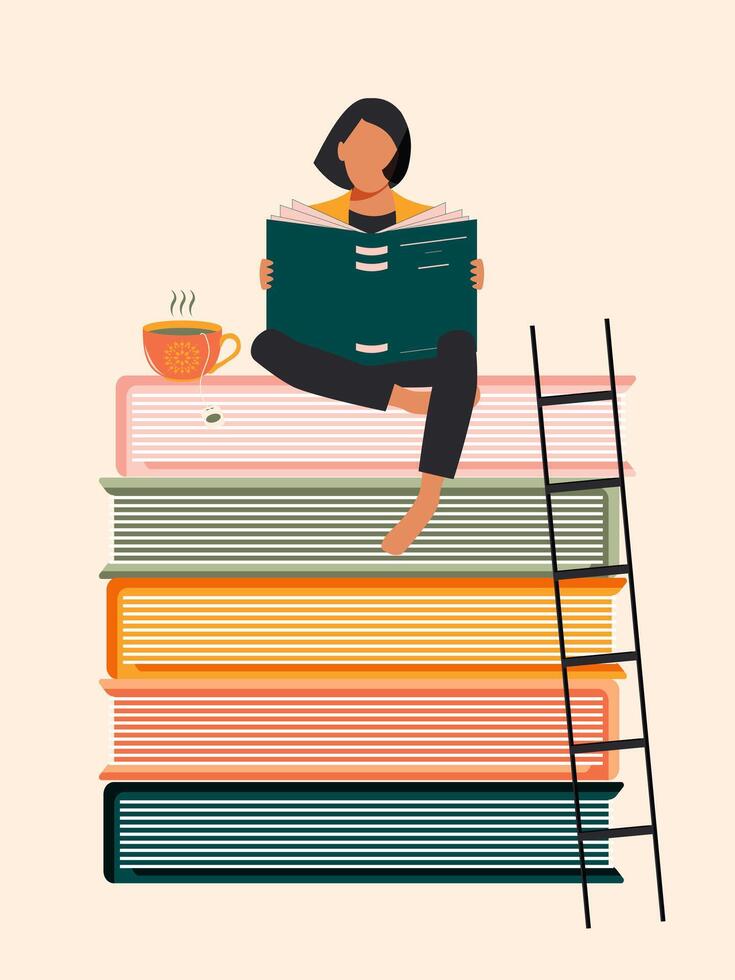 bonito hembra estudiante se sienta con un libro en su manos en un apilar de grande libros descalzo en el biblioteca con un taza de té. el concepto de en línea educación y útil lectura. vector