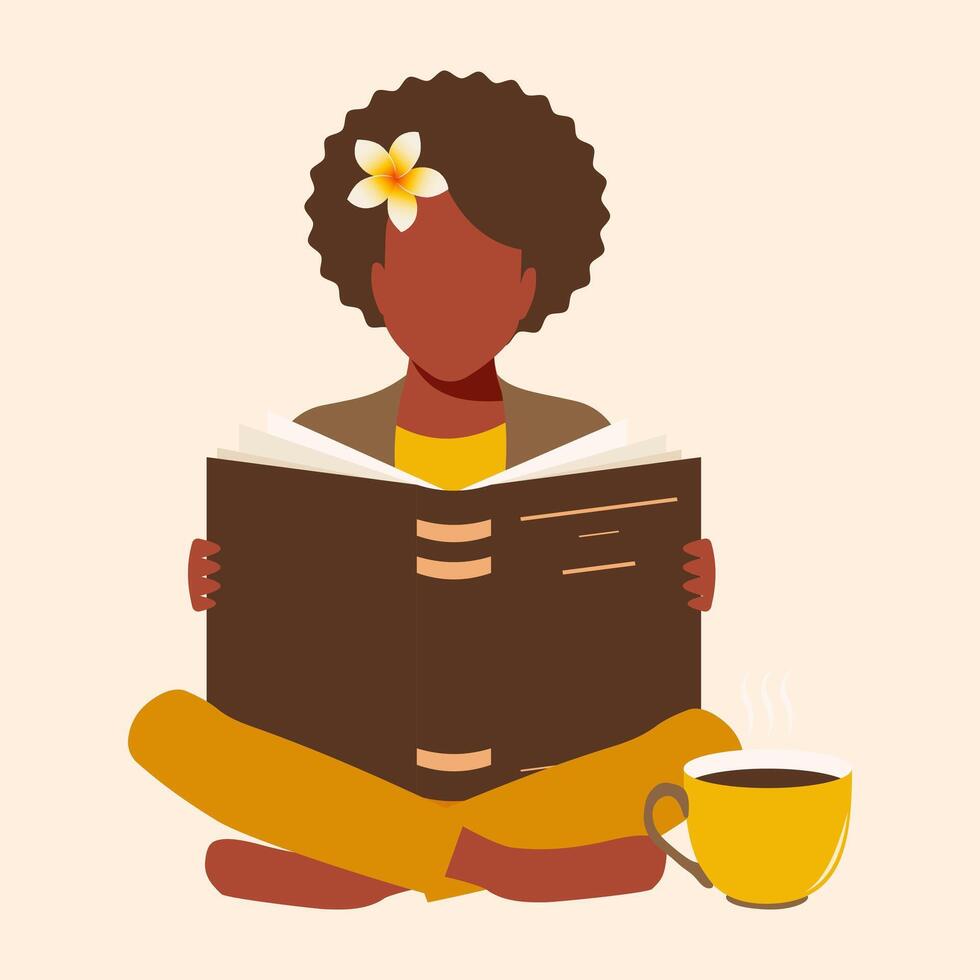 africano americano hermosa hembra estudiante se sienta con un abierto libro y lee descalzo en el biblioteca con un taza de té. el concepto de en línea educación y útil leyendo vector