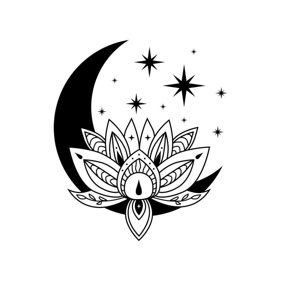 loto flor con creciente Luna y estrellas, floreciente loto, floral magia Luna. loto logo vector