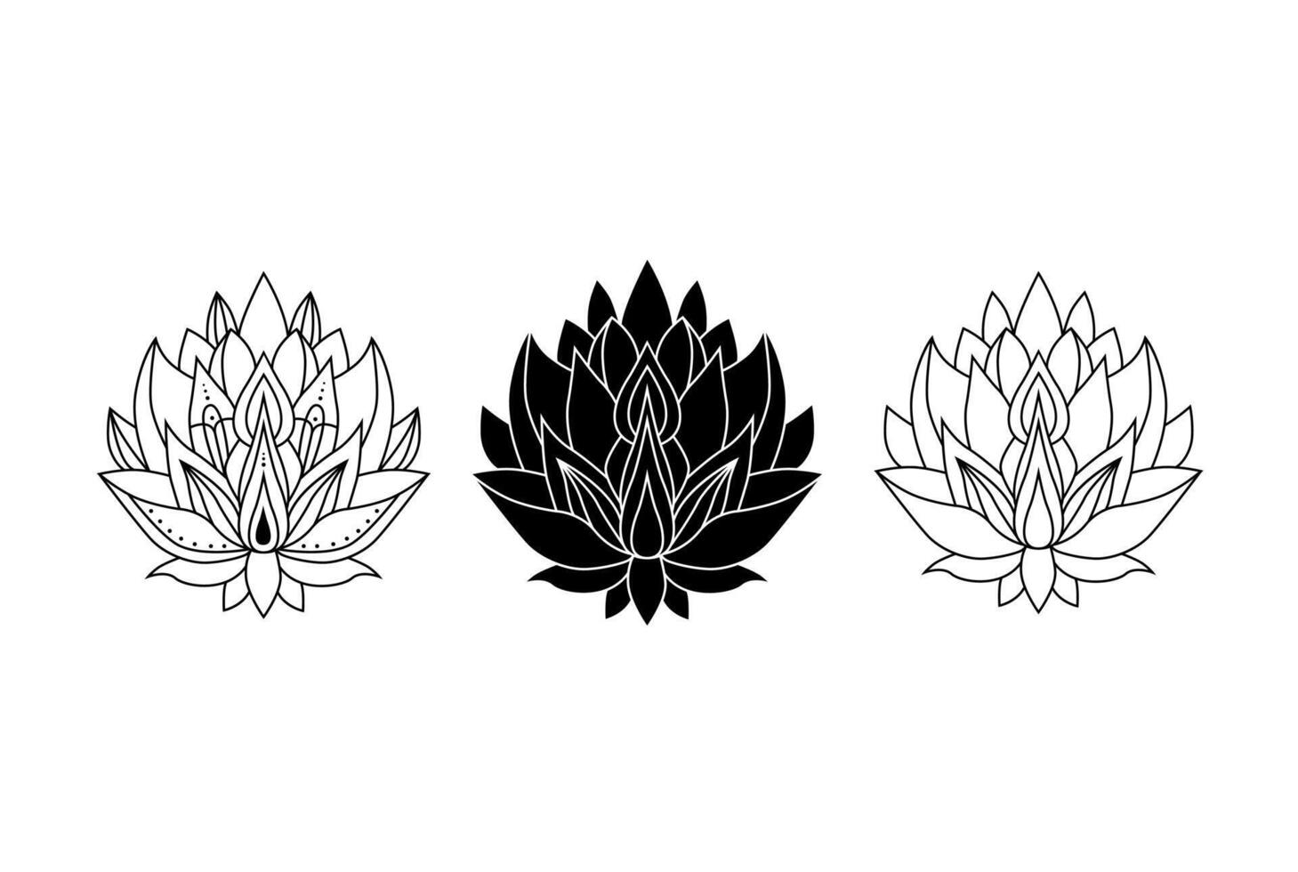 negro loto flor colocar, contorno y silueta floreciente loto, celestial y magia loto logo vector