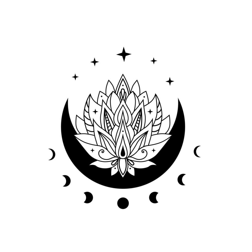 Lotus flower with crescent moon and stars, blooming lotus, floral magic moon. Lotus logo vector