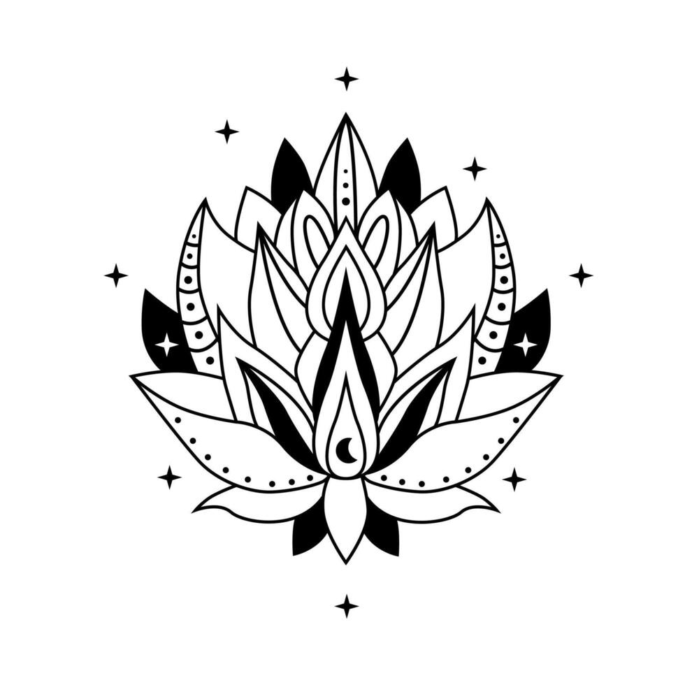 Black Lotus flower, blooming lotus, fcelestial and magic moon. Lotus logo vector