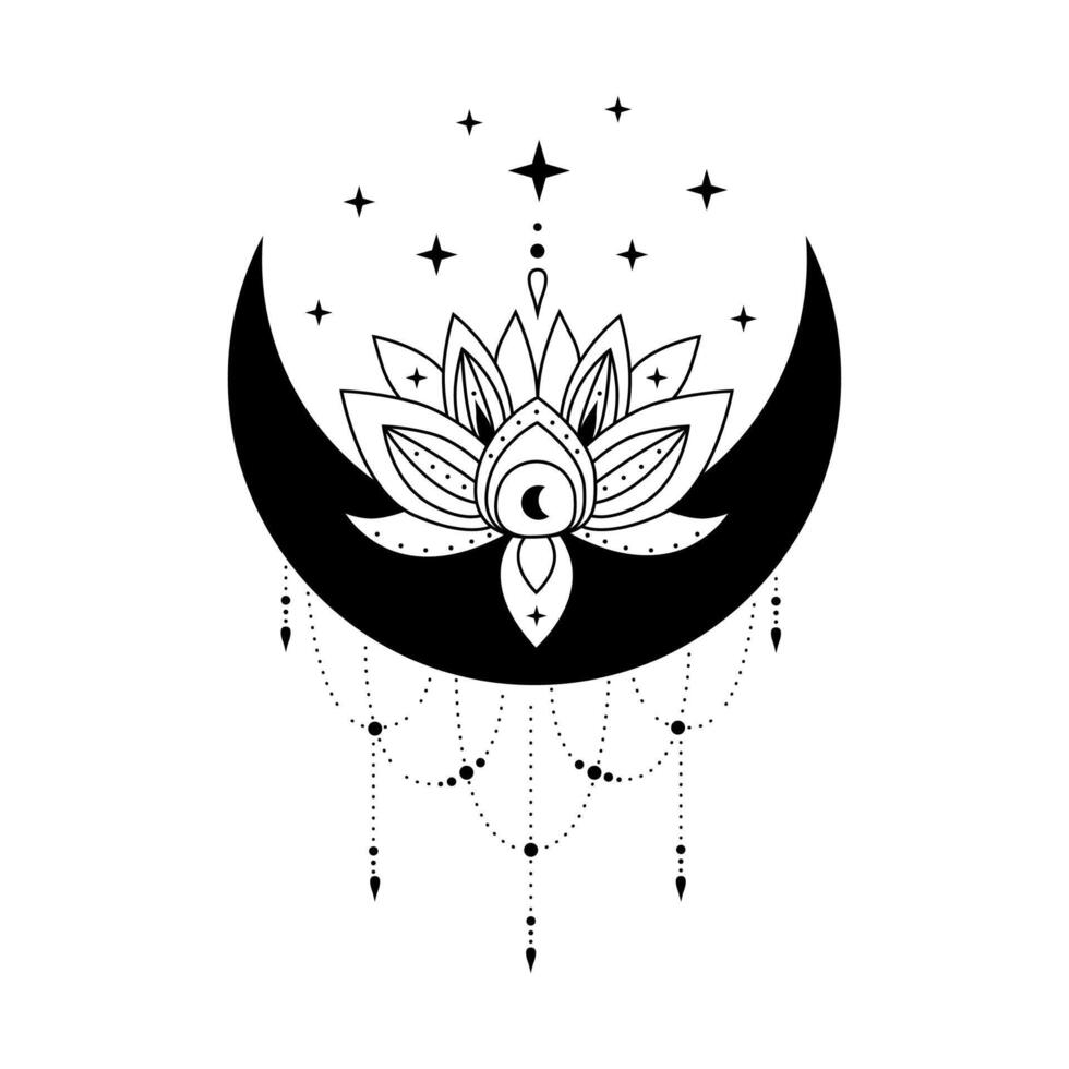 Lotus flower with crescent moon and stars, blooming lotus, floral magic moon. Lotus logo vector