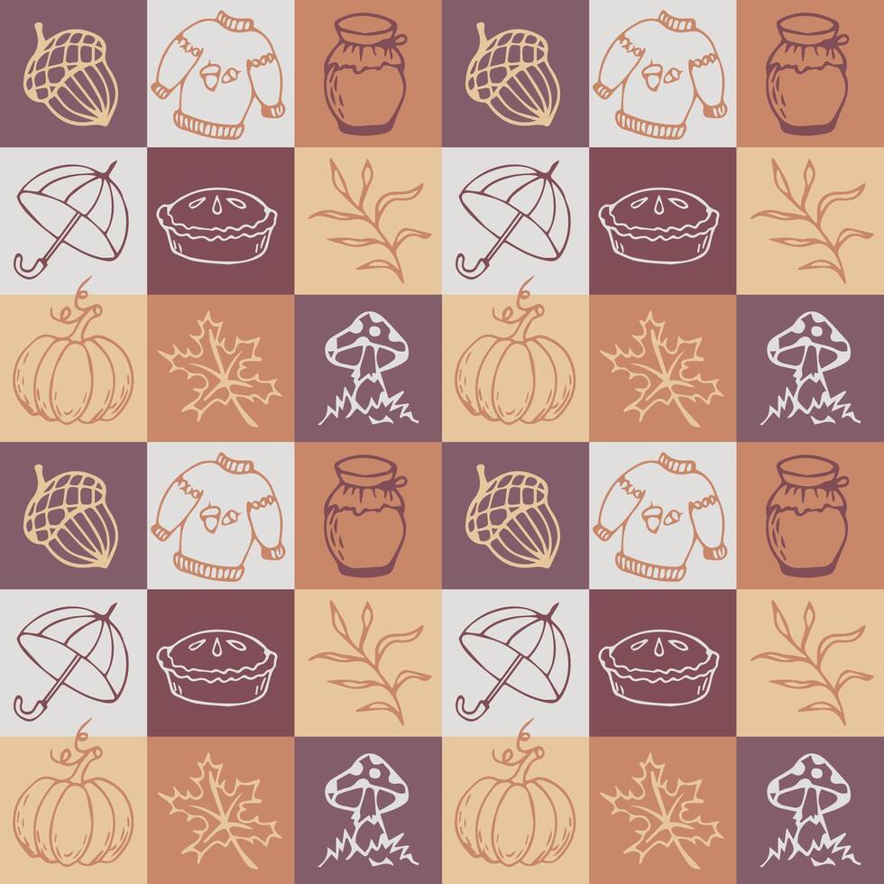 Seamless geometric pattern on the theme of autumn. Jam, umbrella, acorns, mushrooms, autumn leaves, pumpkin. illustration vector