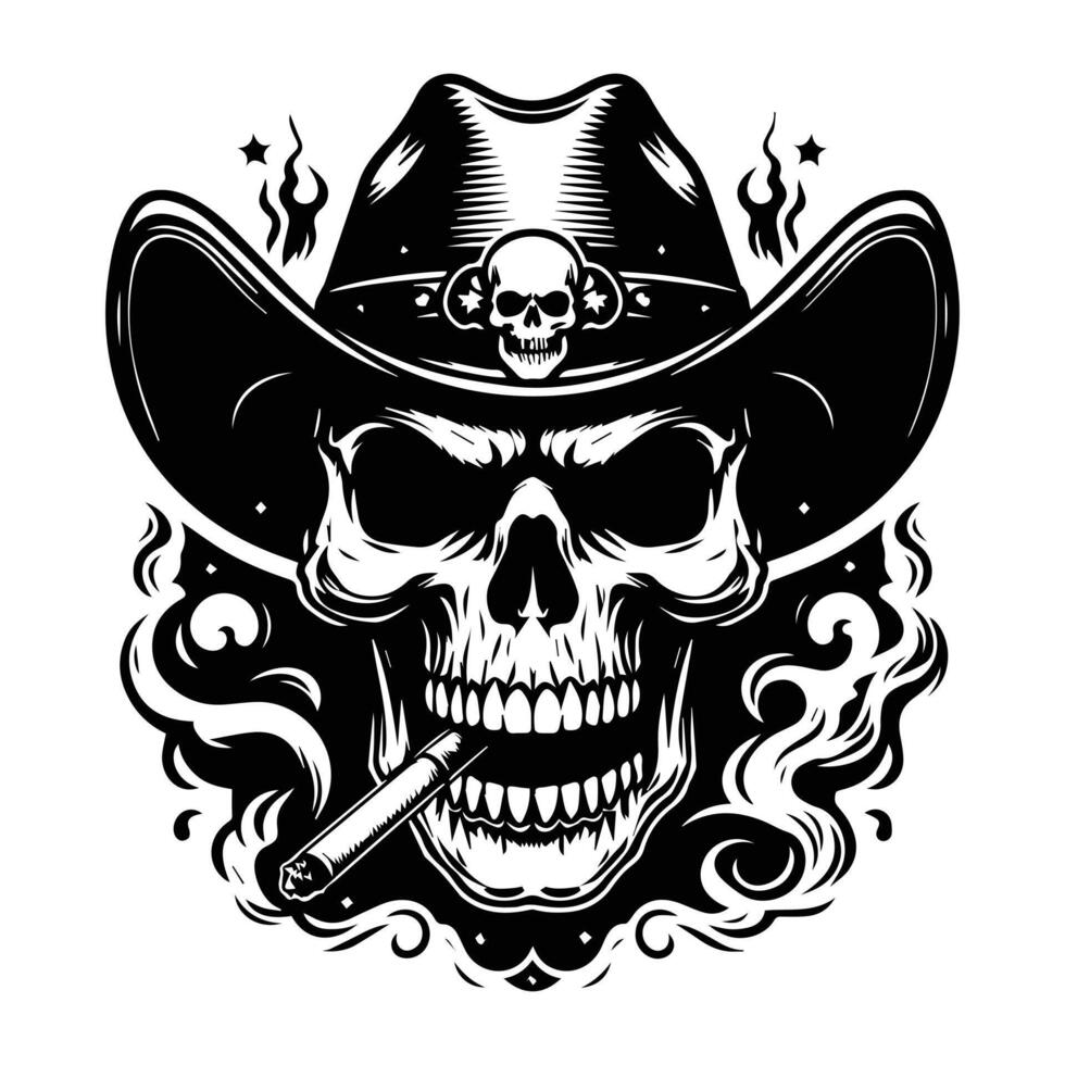 Smoking cowboy skull silhouette for print design vector