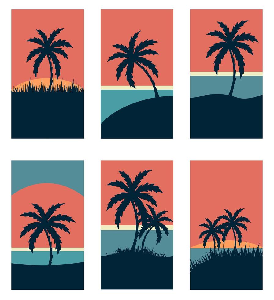set of Vertical social media summer stories templates. Tropical landscape and sunset summer. vector