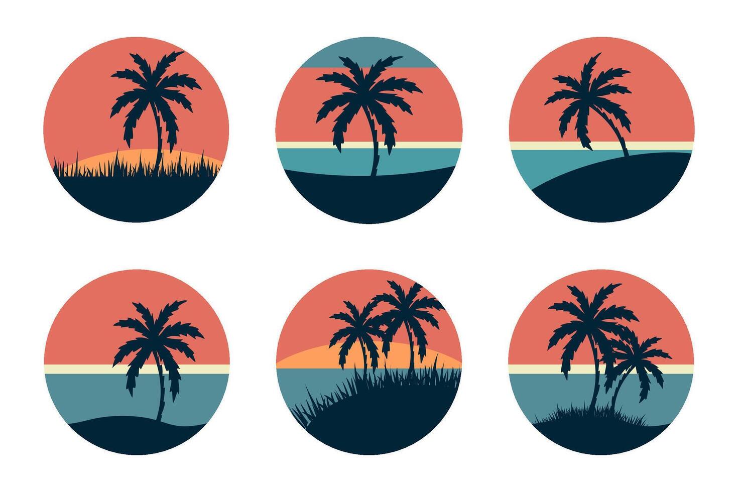 pegatinas con tropical paisajes verano puesta de sol. silueta de palma árbol. retro estilo. . vector