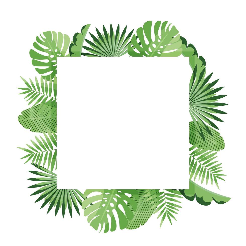 square frame with tropical leaves. Summer tropical template with place for text. vector