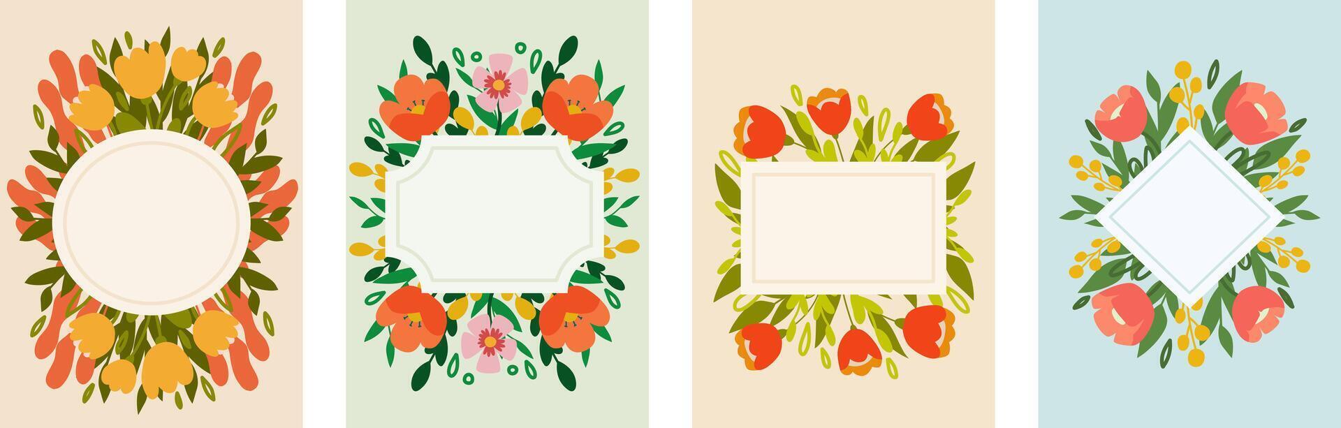 Collection of spring backgrounds with space for copying text. Bright banners, posters, design templates on social networks with leaves and flowers. vector