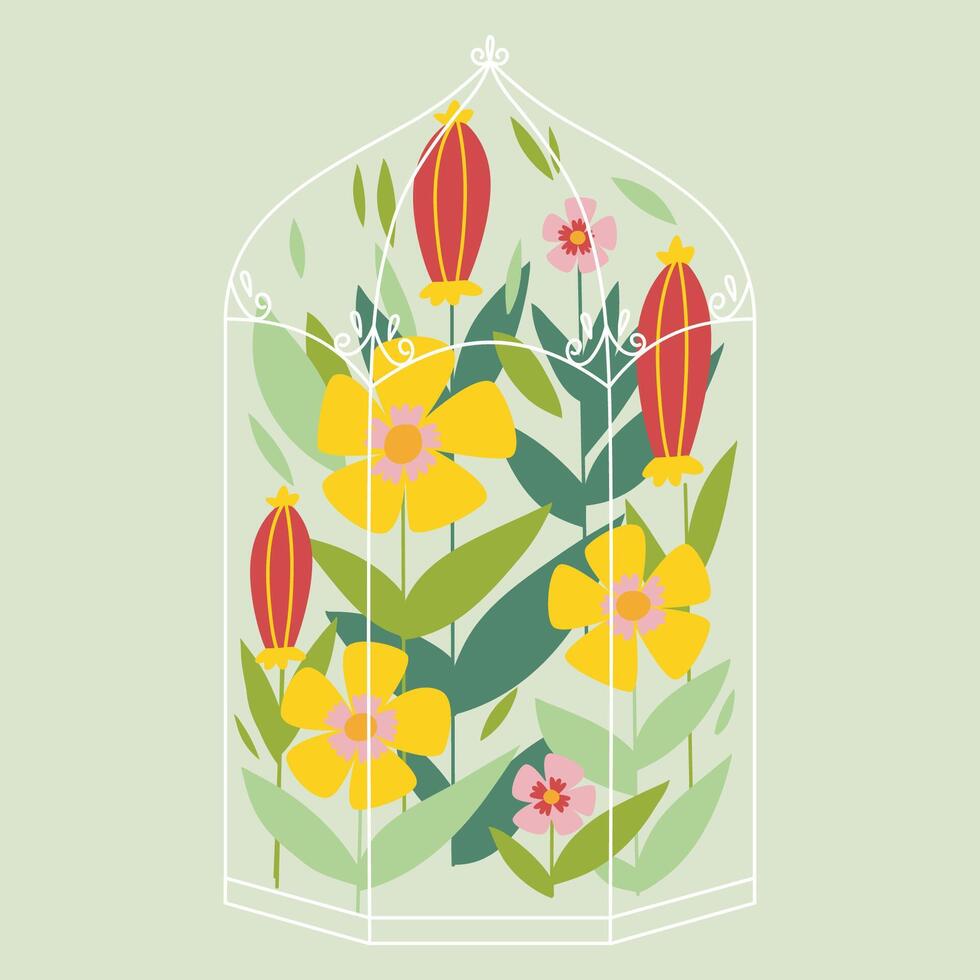 ilustración de un invernadero con flores y hojas. el concepto de un patio interior y jardinería. el vaso pabellón. vector