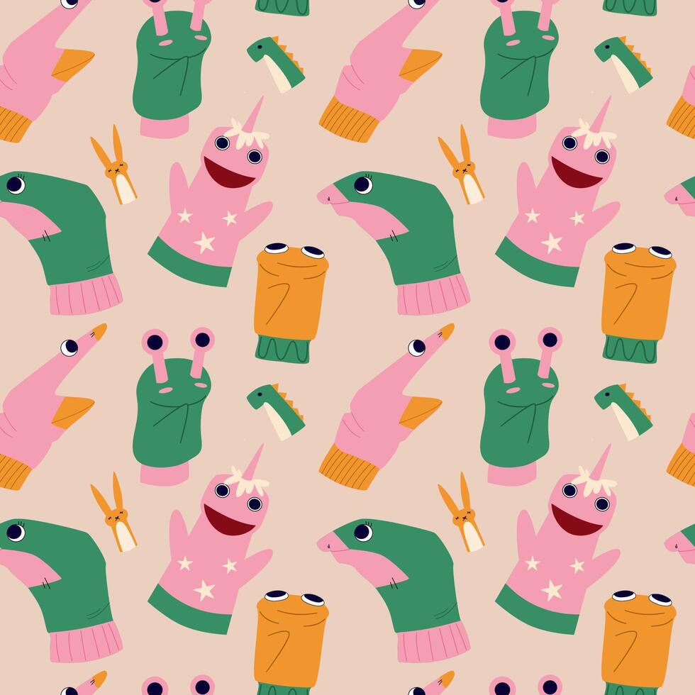 Seamless pattern with hand puppets. Childish puppets and toys. vector