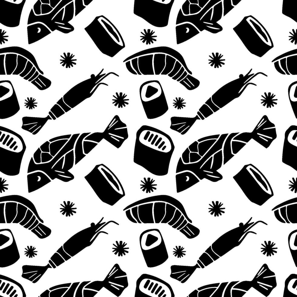 Seamless black and white pattern with silhouette seafood. vector