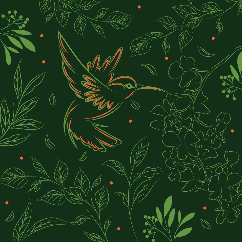 hummingbird bird flying over plants, illustration in green lines vector