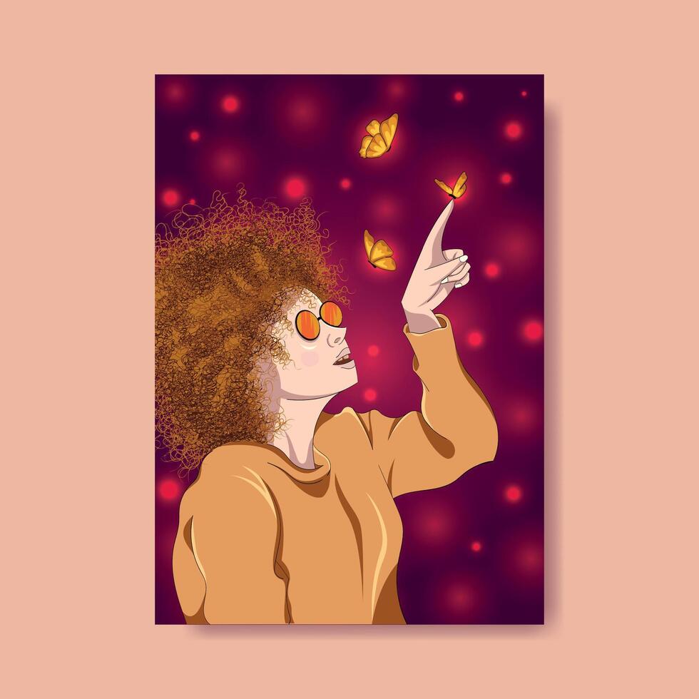 curly-haired girl with dark glasses touching bright butterflies, illustration for poster with purple background and lights texture vector
