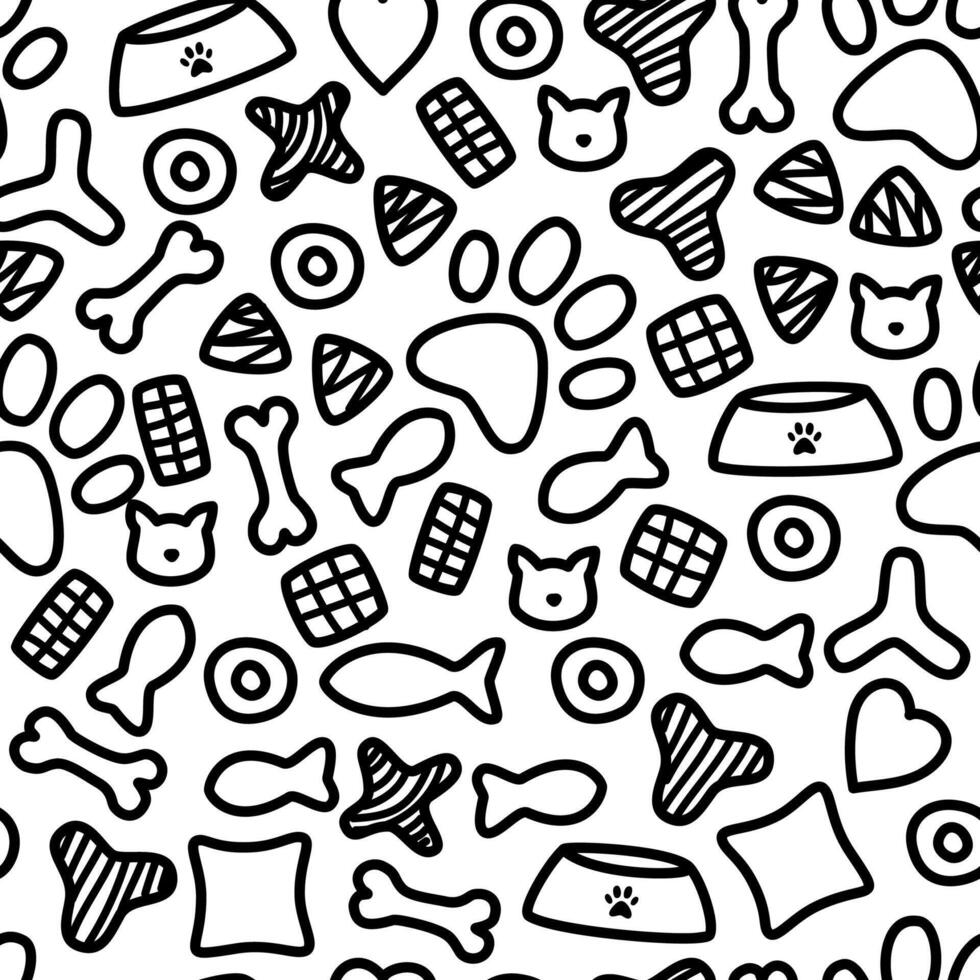doodle pet food seamless pattern. packaging pattern of pets food. kitten food pattern background. vector