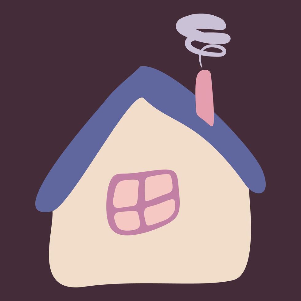 Small Colorful crooked house in Flat style with Smoke from Chimney, Roof and Window. Cartoon Children drawing Isolated illustration. Design art Home for Sticker, Card, Poster. vector