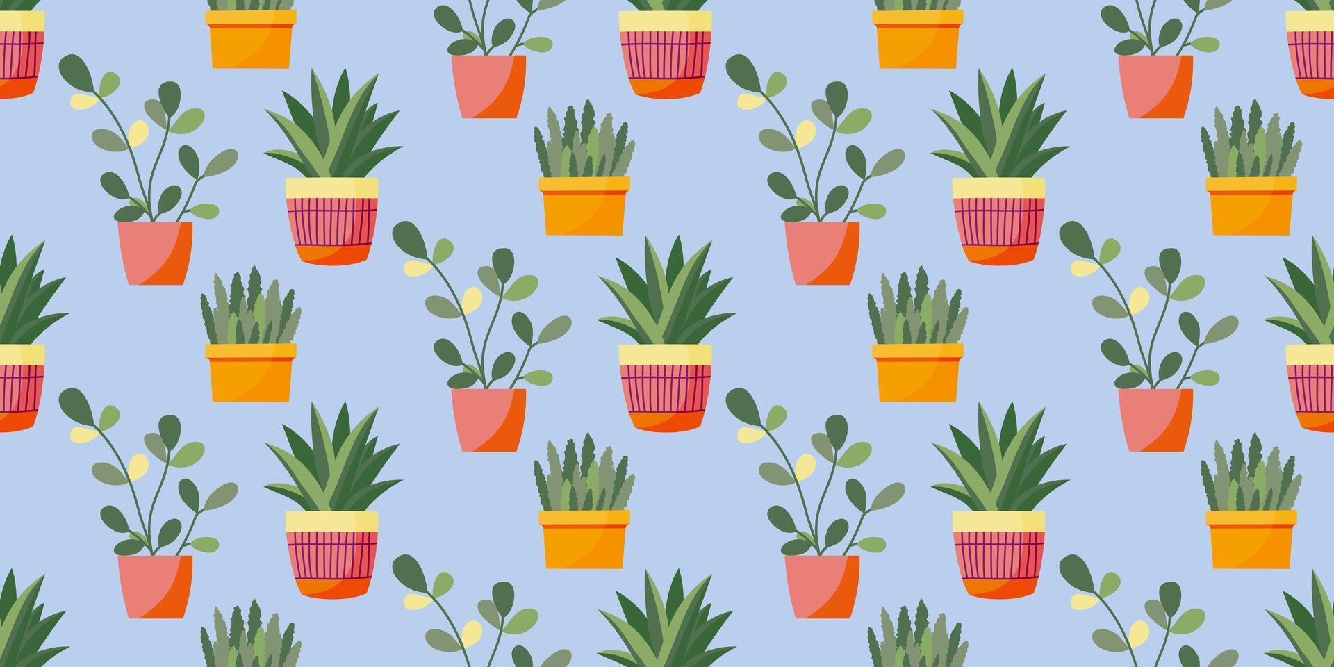 Cute background with indoor flowers in pots. Seamless pattern with green potted plants. Colorful illustration background with a variety of potted indoor plants. vector