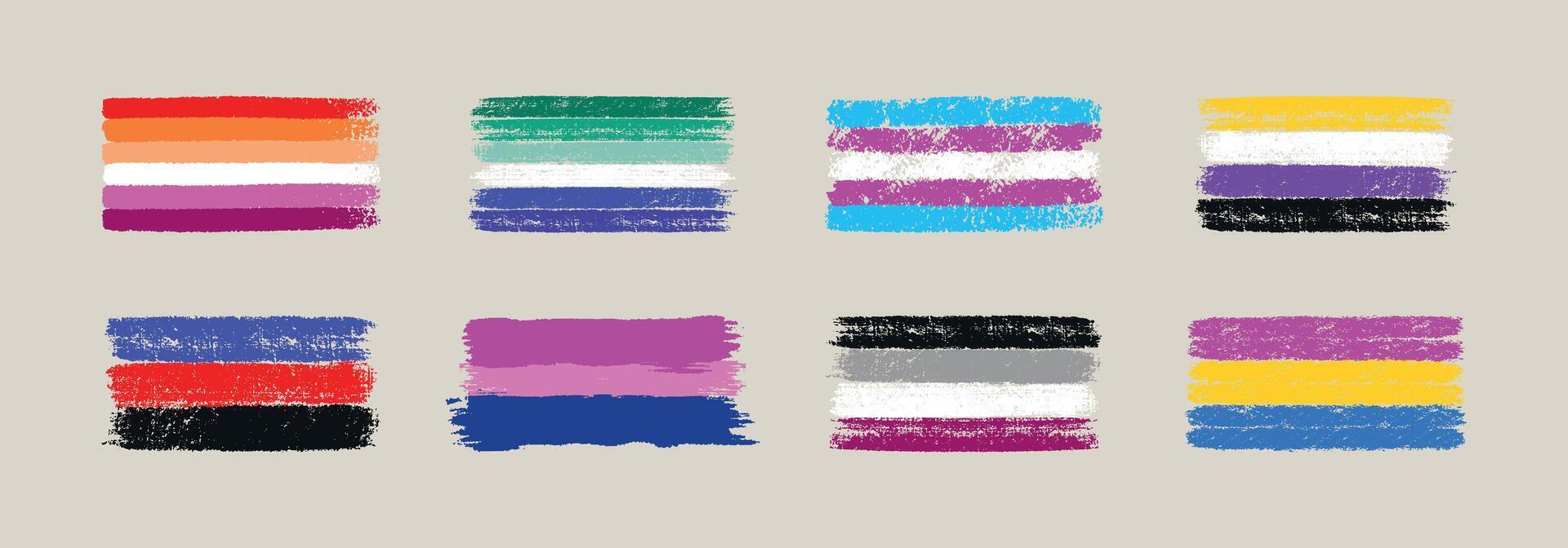 conjunto lgbt sexual identidad orgullo banderas recopilación. diferente bandera texturas mano dibujado con un tinta, lápiz de color y tiza. ilustración aislado en beige antecedentes. vector