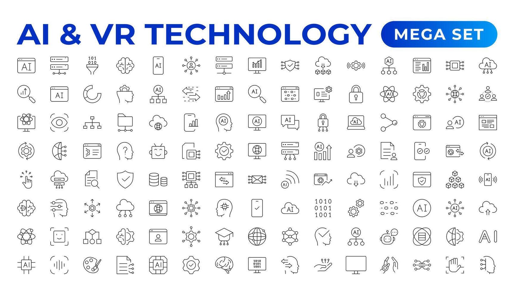 Artificial intelligence set of web icons in line style. AI technology for and mobile app. Machine learning, digital technology, and cloud computing networks. Outline icon set. vector