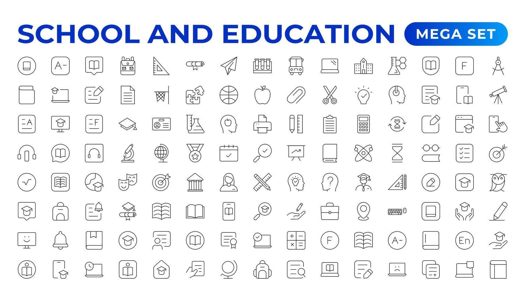 espalda a colegio icono conjunto con diferente íconos relacionado a educación, éxito, académico asignaturas, y más. educación aprendizaje Delgado línea colocar. educación, escuela, editable carrera iconos vector