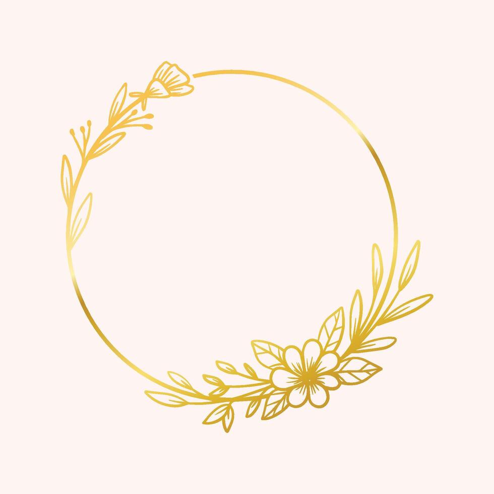 oro circulo floral marco con mano dibujado hojas y flor decoración vector