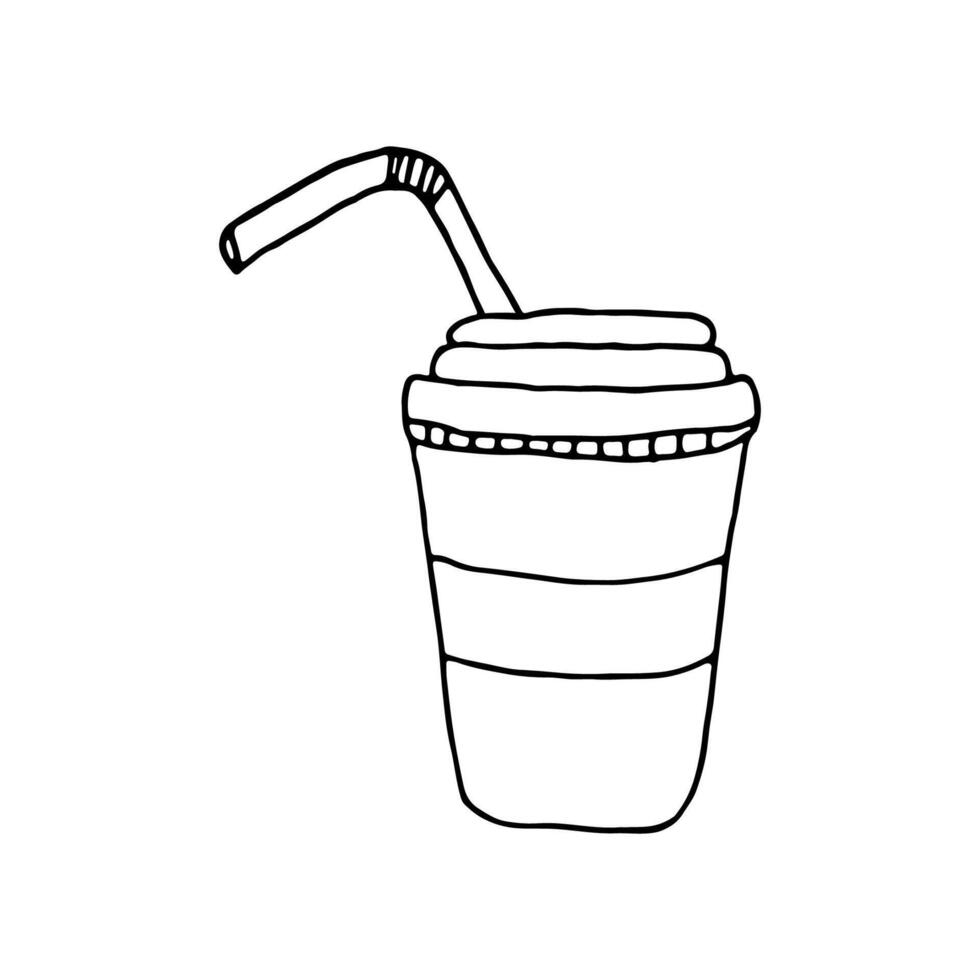 Coffee to go. Cup of coffee with a straw. Doodle. Hand drawn. Outline. vector