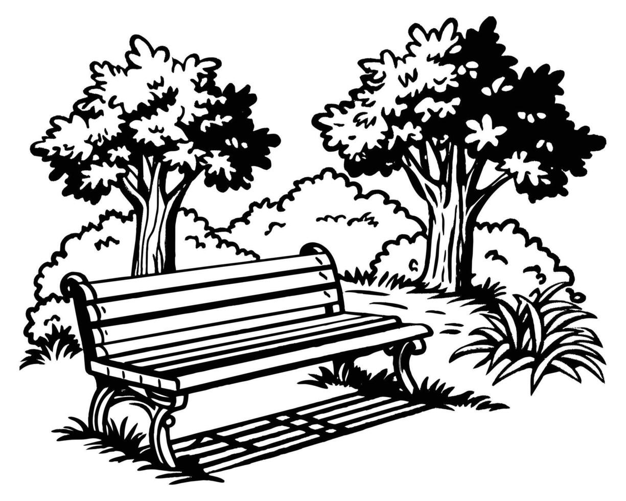 Realistic Bench Coloring Page In Park With Soft Color Blending vector