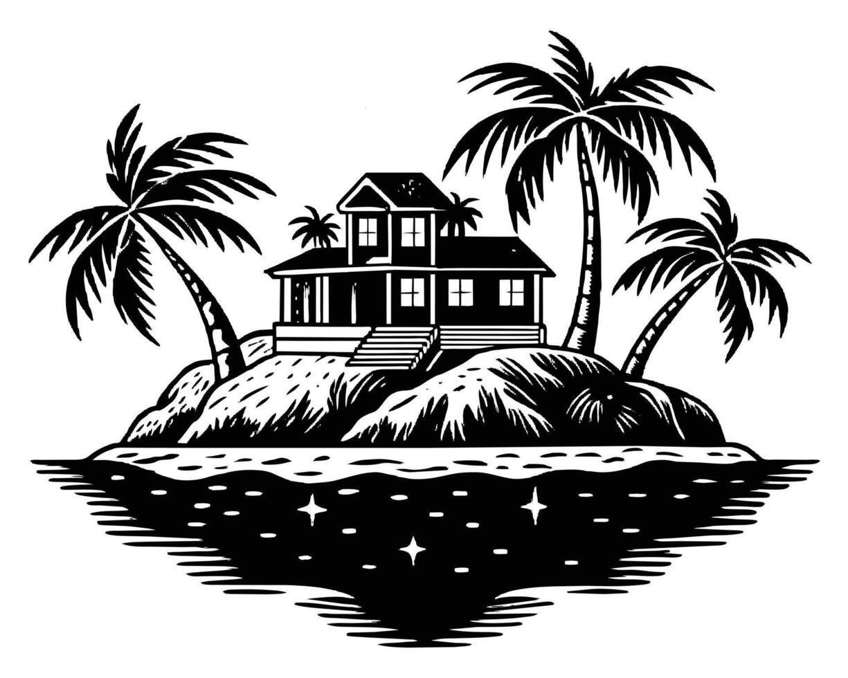 Bungalow with palm trees next to sea vector