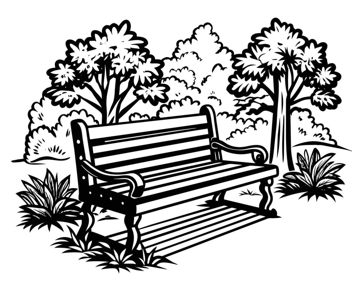 Realistic Bench Coloring Page In Park With Soft Color Blending vector