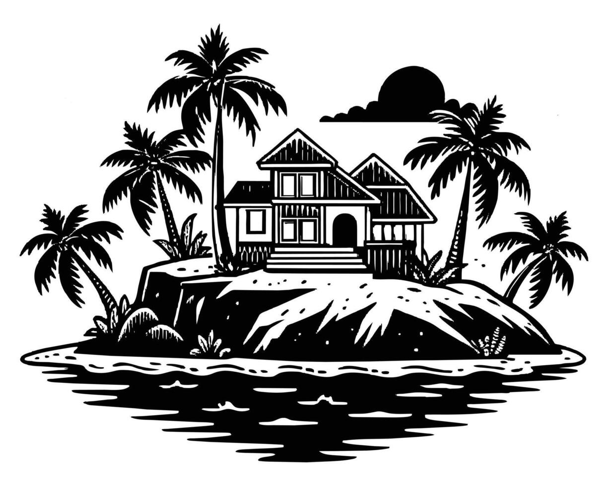 Bungalow with palm trees next to sea vector