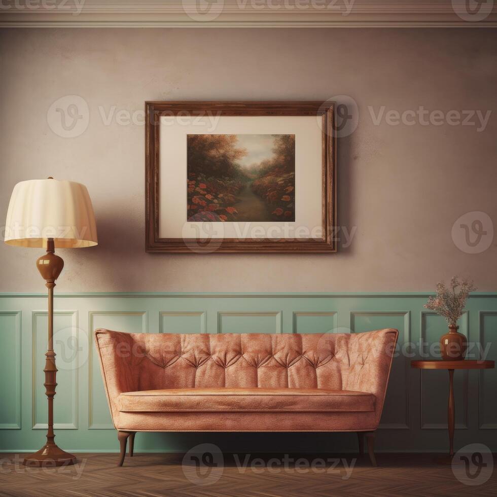 a single picture frame hanging on an wall in vintage living room with couch and lamp photo