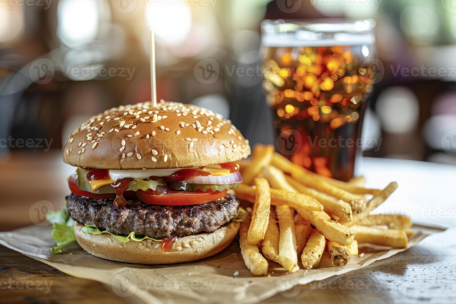 sabroso hamburguesa con francés papas fritas y un Coca foto