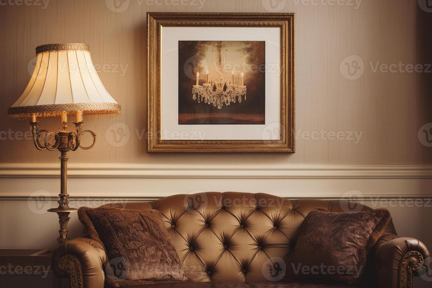 a single picture frame hanging on an wall in vintage living room with couch and lamp photo