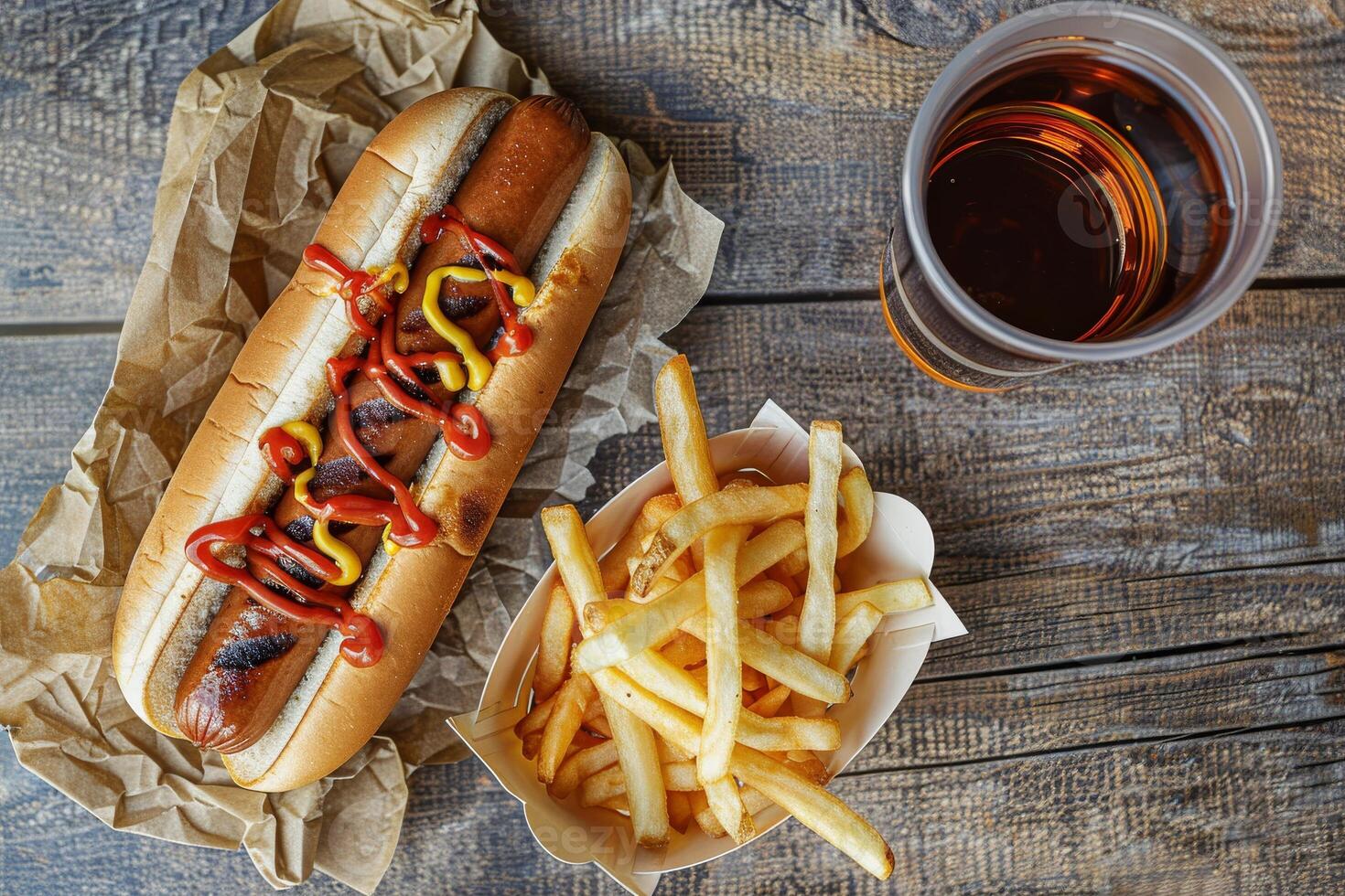 Tasty Hotdog with french fries, soft drink on restaurant table created by AI photo