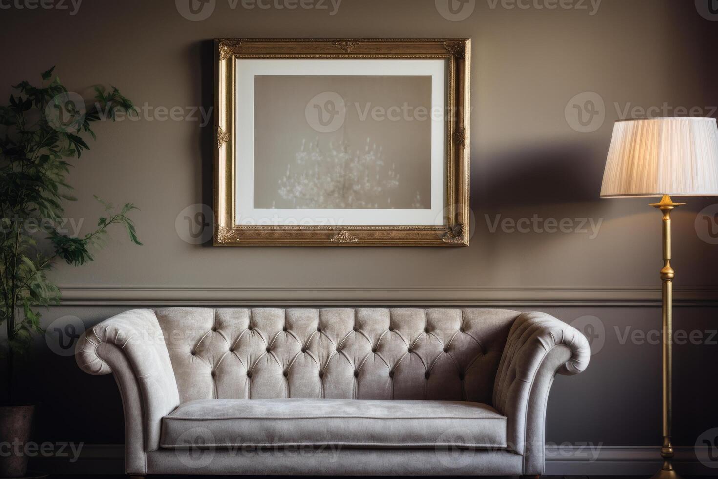 a single picture frame hanging on an wall in vintage living room with couch and lamp photo