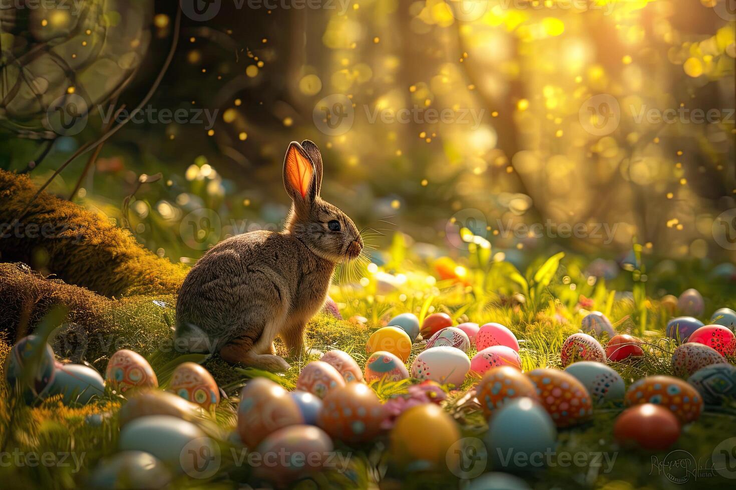 Easter bunny surrounded by easter eggs sitting in a forest photo