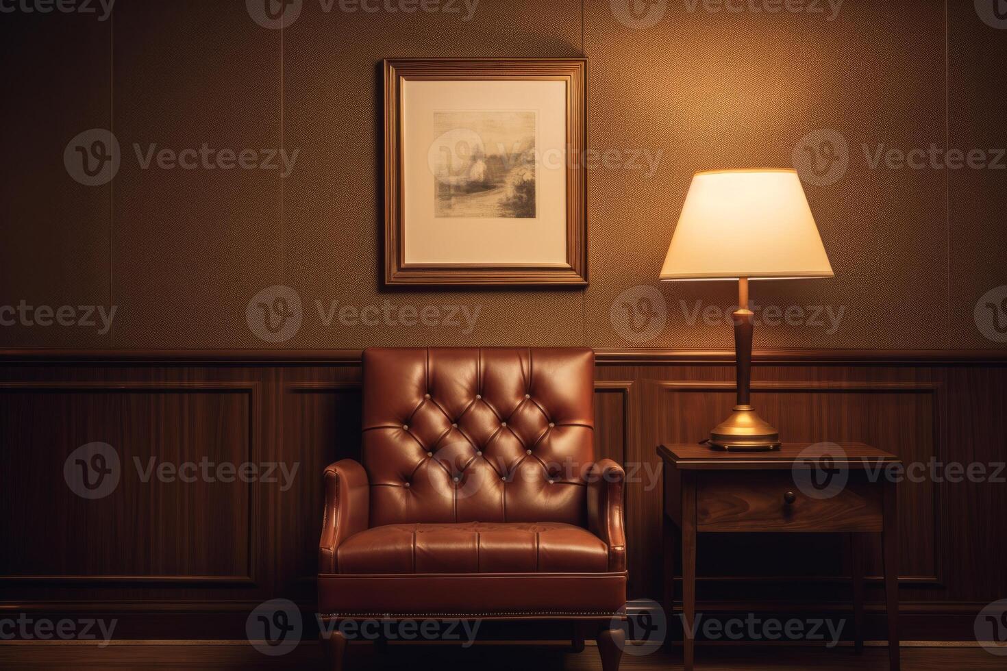 a single picture frame hanging on an wall in vintage living room with couch and lamp photo